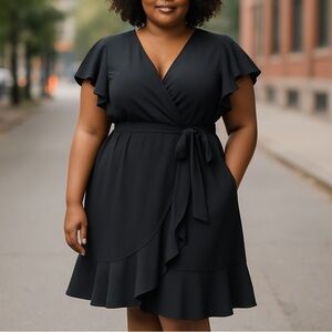 NWOT CITY CHIC Faux Wrap Dress Ruffled Black V Neck Flutter Sleeves Plus Size 3X